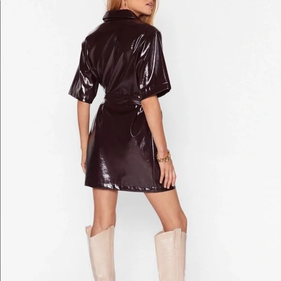 Nasty Gal Brown Vinyl Shirt Dress - Picture 2 of 3